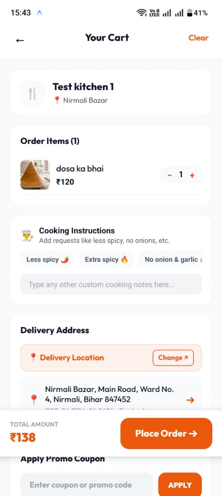 Lele Cart Screen - Custom Cooking Instructions & Address