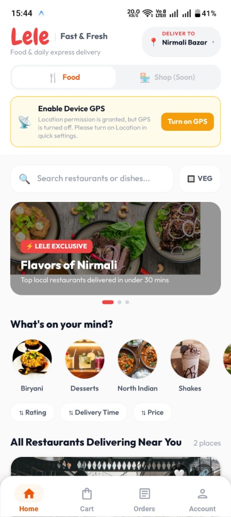 Lele App Home Screen - Fast and Fresh Food Delivery in Nirmali